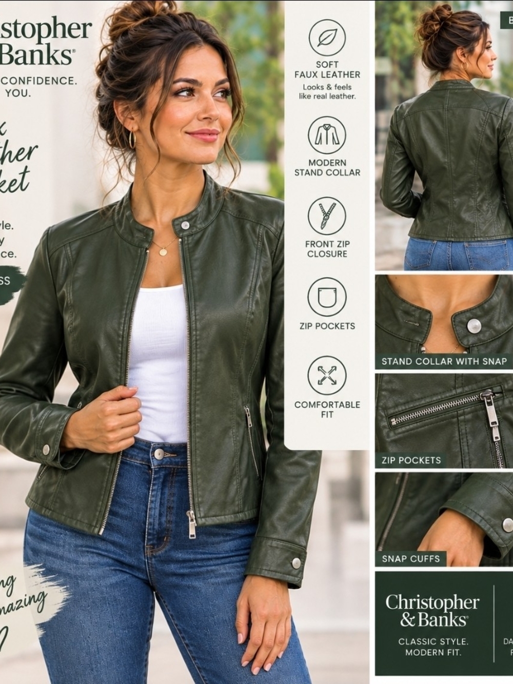 Christopher & Banks Women's Dark Moss Olive Faux Leather Full Zip Jacket Small